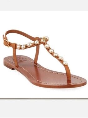 Tory Burch Emmy Pearl Sandals in Tan Teather With Pearl T-Strap Size 9.5